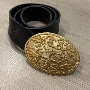 St John Black Leather Belt with Gold Ornate Buckle